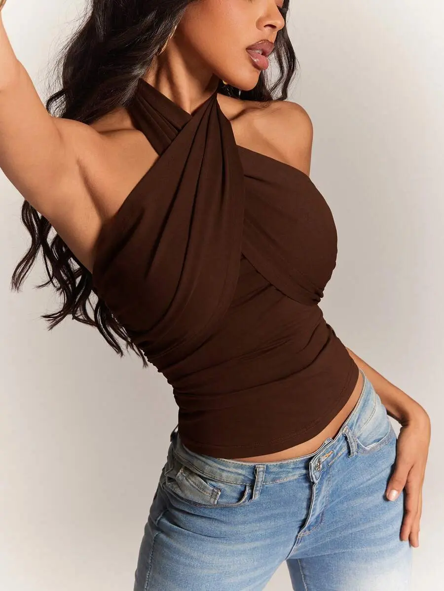 Solara Radiana Elegant Bandage Bandage Sexy Dark Brown Halter Neck Tank Top For Women Sleeveless Wrap Design Casual And Chic Camisole Club Club Night Night Summer