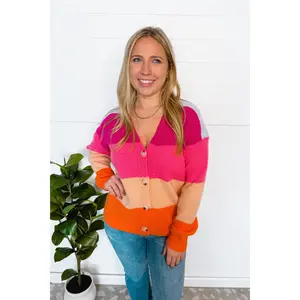 Fresh Smiles Color Block Button Cardigan - Pink NJ Casual Fashion Knitwear Knitwear Tops