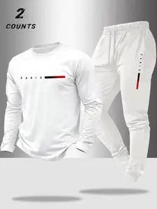Men's Fall Winter Versatile Round Neck Long Sleeve T-Shirt Drawstring Pants Set, Letter Print Sweatsuit, Outdoor Casual Sports Wear, Streetwear Tracksuit Set, Tracksuit Sets, Multifunctional Sportswear