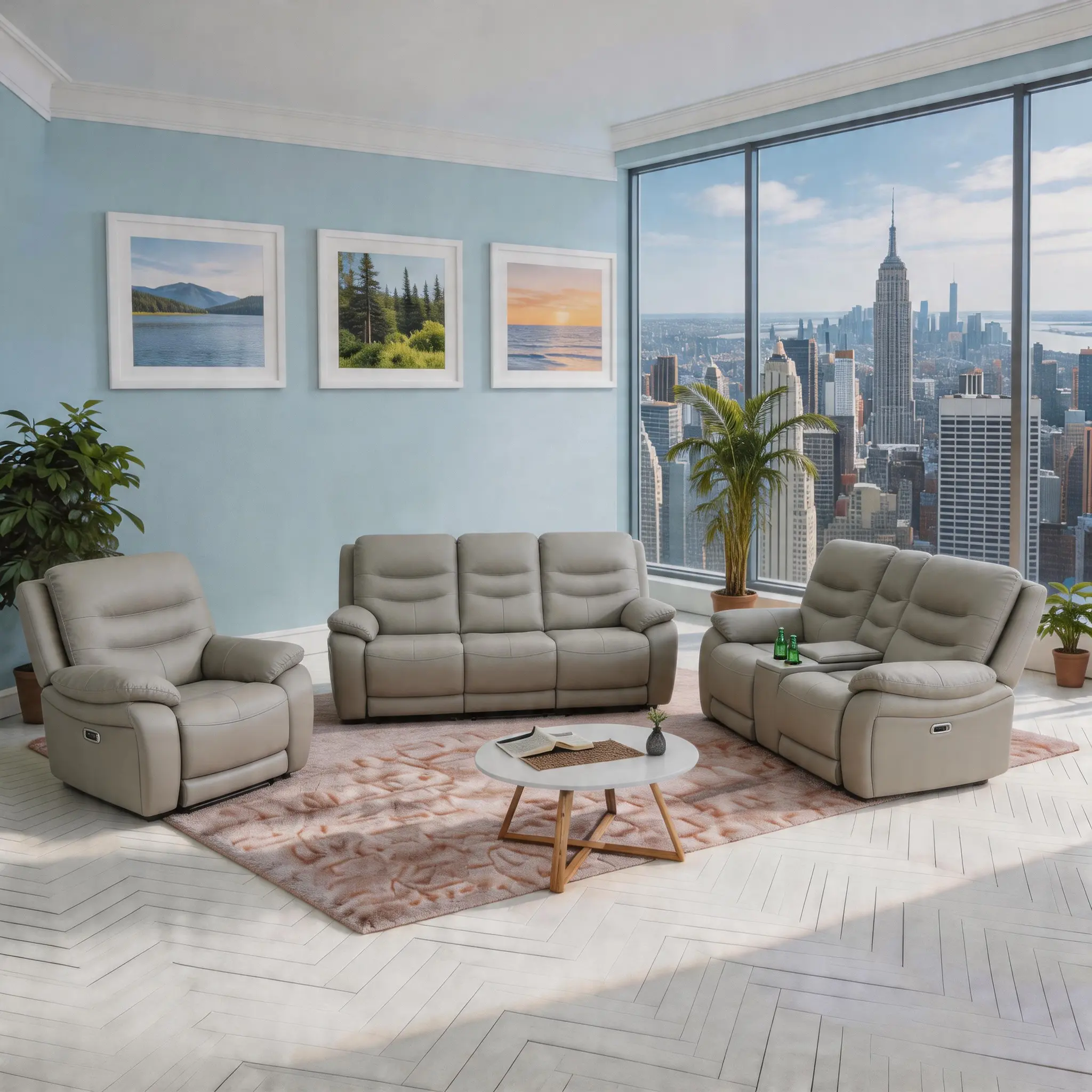 ainehome 3-Piece LED Light Grey Breathing Leather-PVC Living Room Recliner Sofa Set - Modern Design Furniture Davenport to Light Up Your Space Electric couch