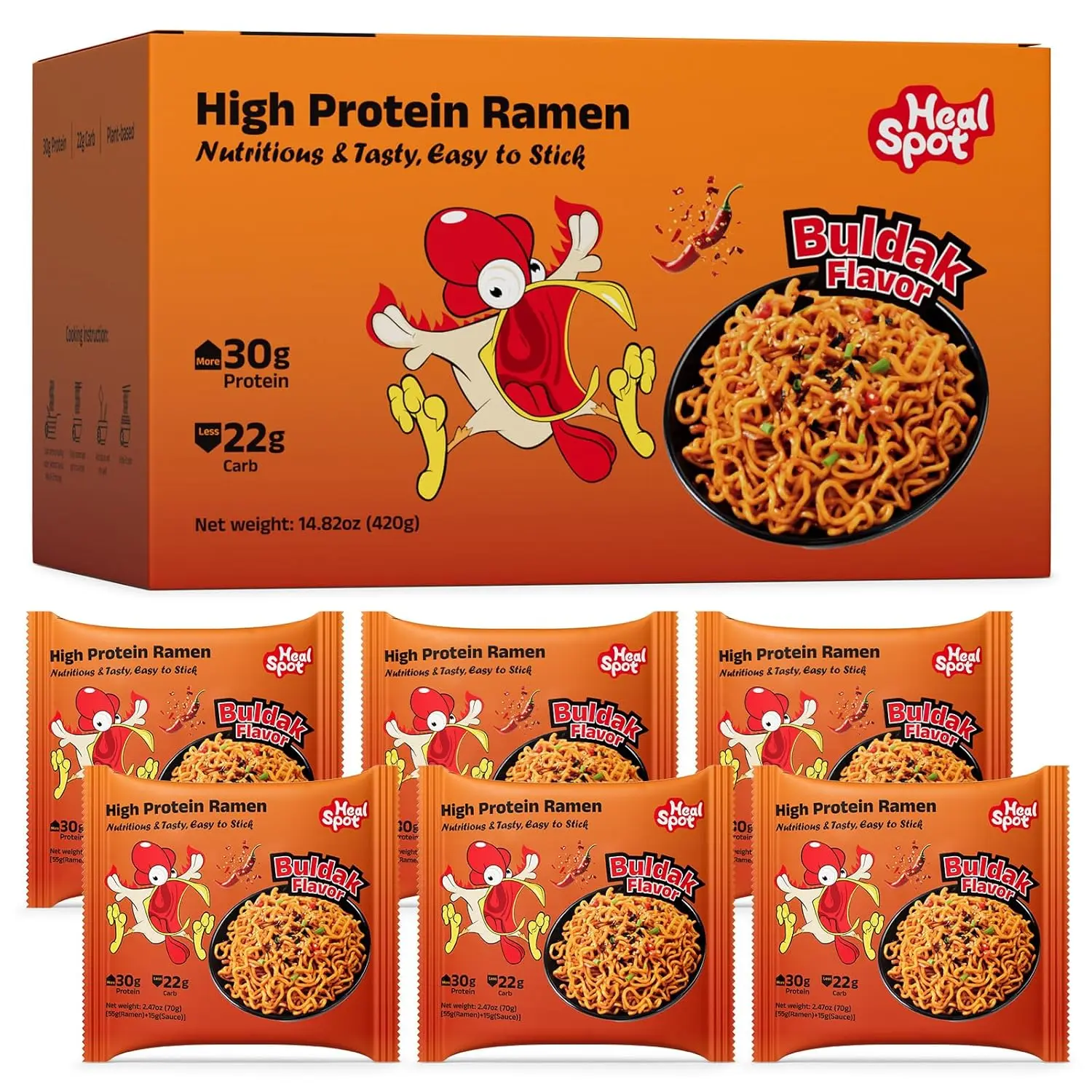 ココア　lemon×３本 Healspot High Protein Spicy Buldak Noodles, Dry Tossed Ramen, 30g