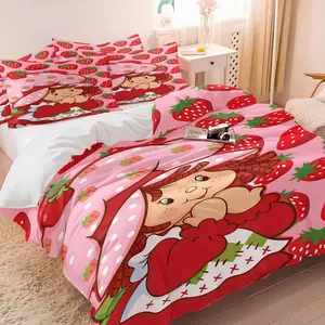 Strawberry Sweetheart Cartoon Duvet Cover Set & 1-2 Pillowcases (no Pillows), Pink Background, Red Strawberries, Green Leaves, Cute Cartoon Girl, Soft Comfortable, Fresh Fruit Style Bedroom Decor, Gift Choice, Bedroom Bedding Set