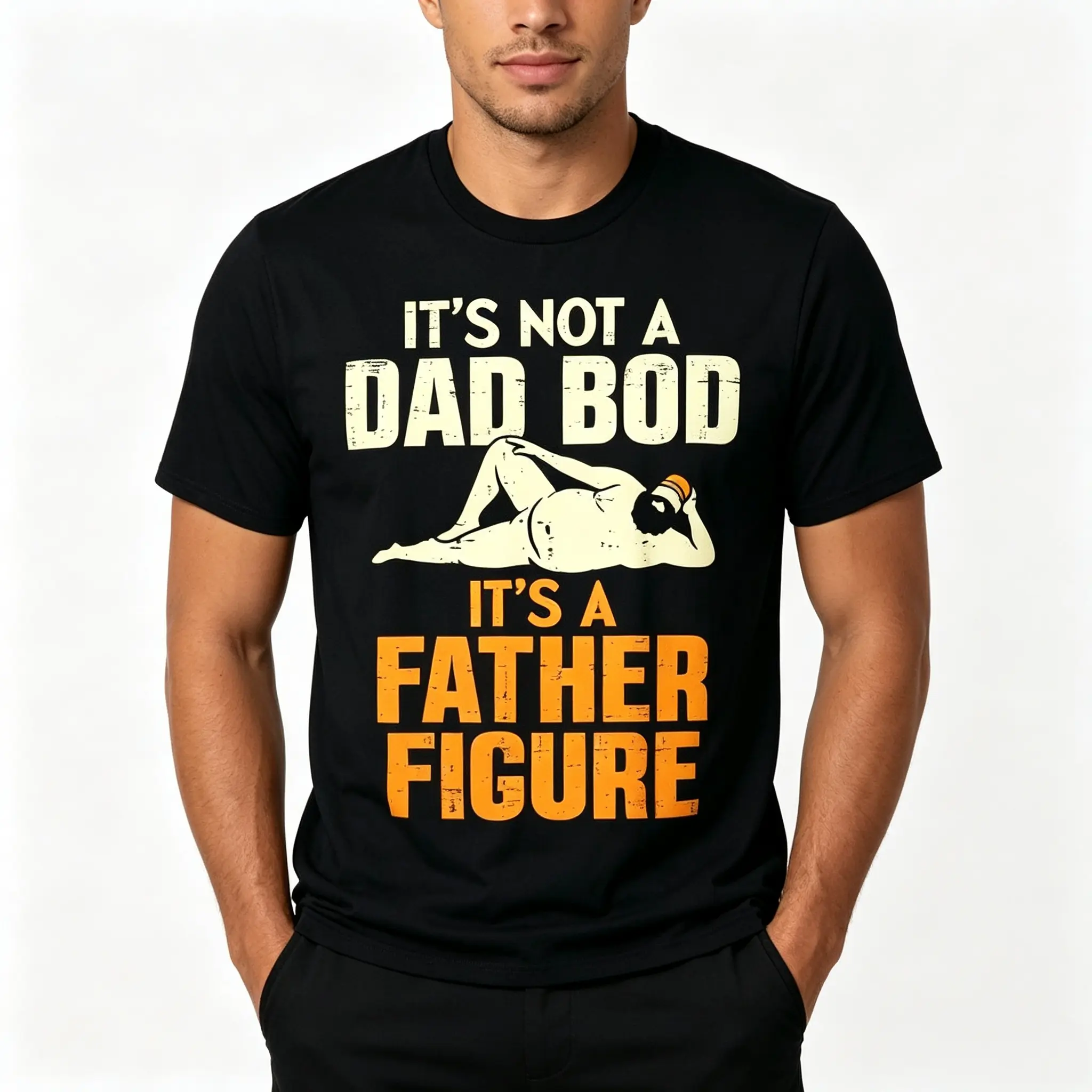 Unisex Black Grunge Worn Dad Outline Print Tee, Lighthearted "It's Not A Dad Bod It's A Father Figure" Graphic Top, Daily Casual Wear, Ideal Father’s Day & Men’s Birthday Gift comfortable digital t-shirt