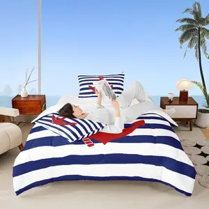 Feelyou Microfiber Quilt Bedding Set - Nautical Anchor Motif, Oceanic Duvet Set with Polyester Fiber Quilted Multi-Size Duvet Insert, U-Stitching, Geometric Stripes, Travel-Friendly Ocean Adventure Theme, Navy Blue & Red, Microfiber Bedding Set