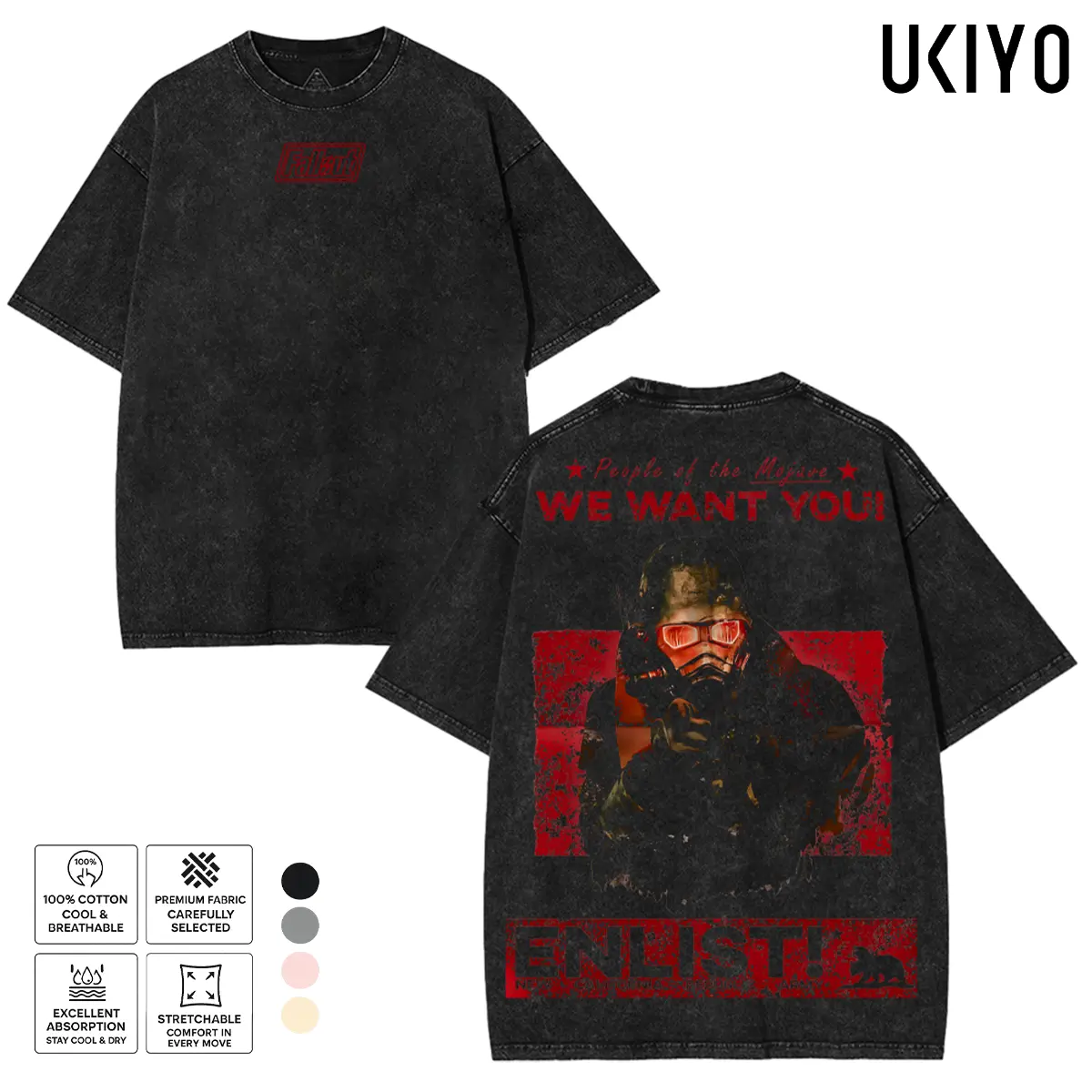 Fallout New Vegas T-Shirt NCR Ranger Enlist Graphic Tee Vintage Acid Wash Heavyweight Cotton Oversized T-Shirt Mojave Desert Gaming Merch Streetwear Top