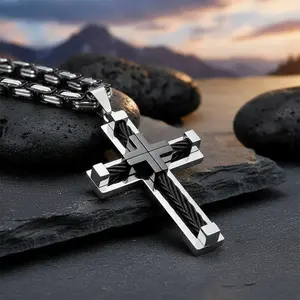 Stainless Steel Large Cross Pendant Byzantine Chain Necklace for Men - Silver Gold Black Color Options 24 Inch Length Unisex Religious Jewelry Perfect Gift for Boyfriend Girlfriend Y2K Accessories Stackable Chains Men's Fashion Je