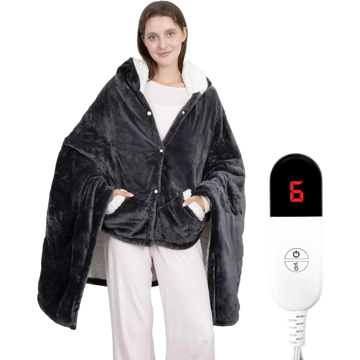 Wearable Heated Throw Blanket, Electric Heated Wrap Poncho Shawl & Hoodies with Pockets, 7 Heating Levels & 4 Hours Time Settings, Machine Washable with ETL Certification 40" x 70", Gray