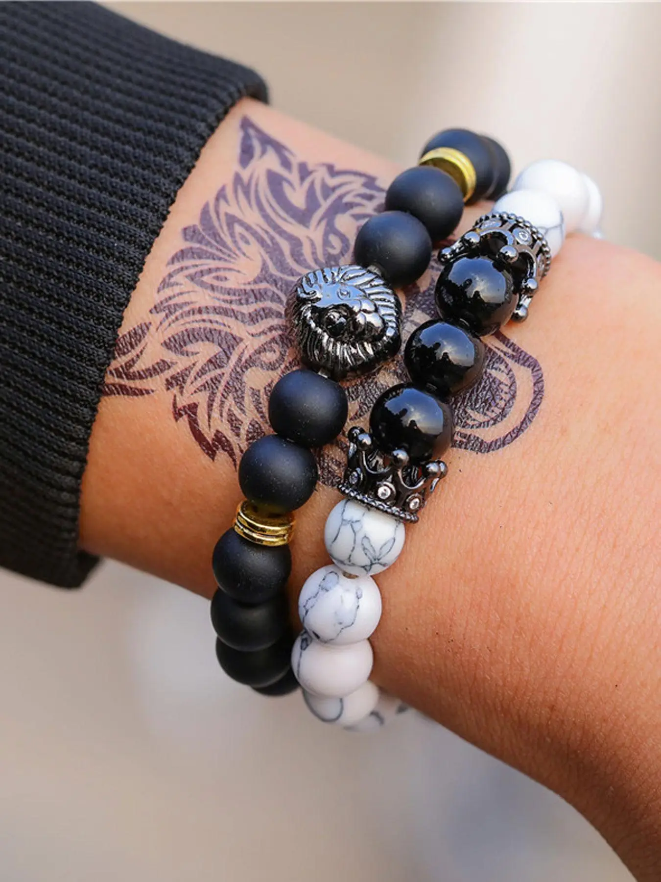 2pcs Vintage Lion Head Crown White Turquoise Design Texture Beaded Bracelet, Boho Jewelry for Men, Temperament All-match Accessory