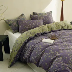 Simple&Opulence Muslin Duvet Cover Set , 100% Washed Cotton 3 Pieces Yarn-Dyed Vintage  Floral Jacquard Textured Bedding, Soft & Breathable Gauze Comforter Cover with Zipper Closure,Perfect Gift Choice