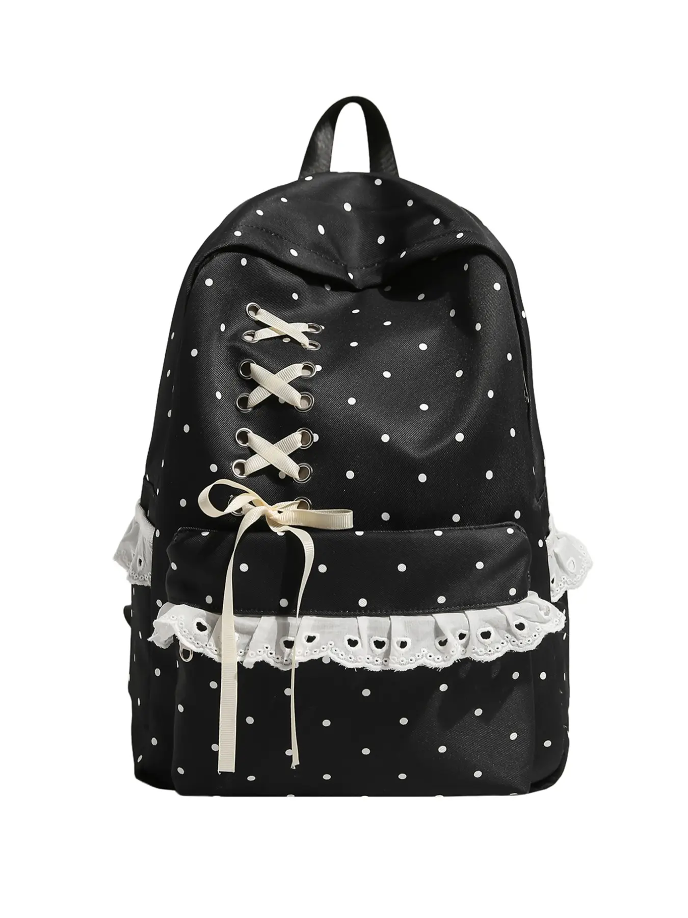 Polka Dot Lace Backpack for Girls, Sweet Teen Style, Bow Design, Lace Trim, Large Capacity School Bag, Cute Student Bookbag, Youth Backpack