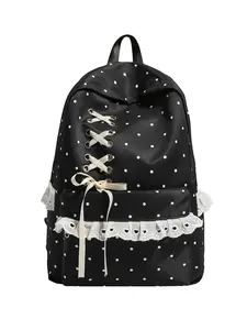 Polka Dot Lace Backpack for Girls, Sweet Teen Style, Bow Design, Lace Trim, Large Capacity School Bag, Cute Student Bookbag