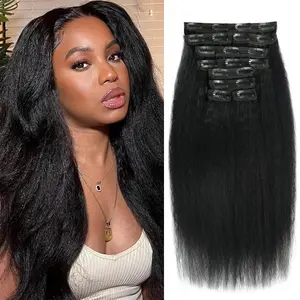 Kinky Straight Clip ins Clip in Hair Extensions Real Human Hair Yaki Straight Clip ins for Black Women Full Head Brazilian Remy Hair Extensions Double Weft 8Pcs 120g