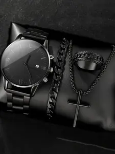 4-piece set of fashionable casual business wristwatches + versatile cross steel bracelet necklace and bracelet set with large dial luxury style