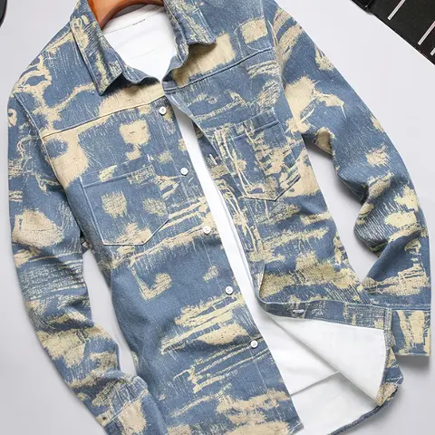 Men's Fitted Collared Neck Camouflage Denim Button-Down Shirt - Long Sleeves, Casual Printed Menswear, Menswear, All Seasons Men's Clothing