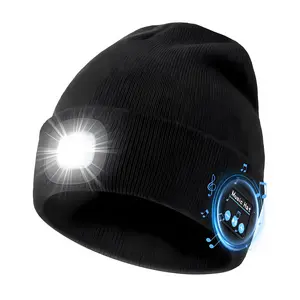 Bluetooth Beanie with Light, USB Rechargeable 4 LED Flashlight Hat with Removable Speaker, Warm Knit Balaclava for Music & Calling, Outdoor Activities, Cycling, Unisex Birthday & Christmas Gifts