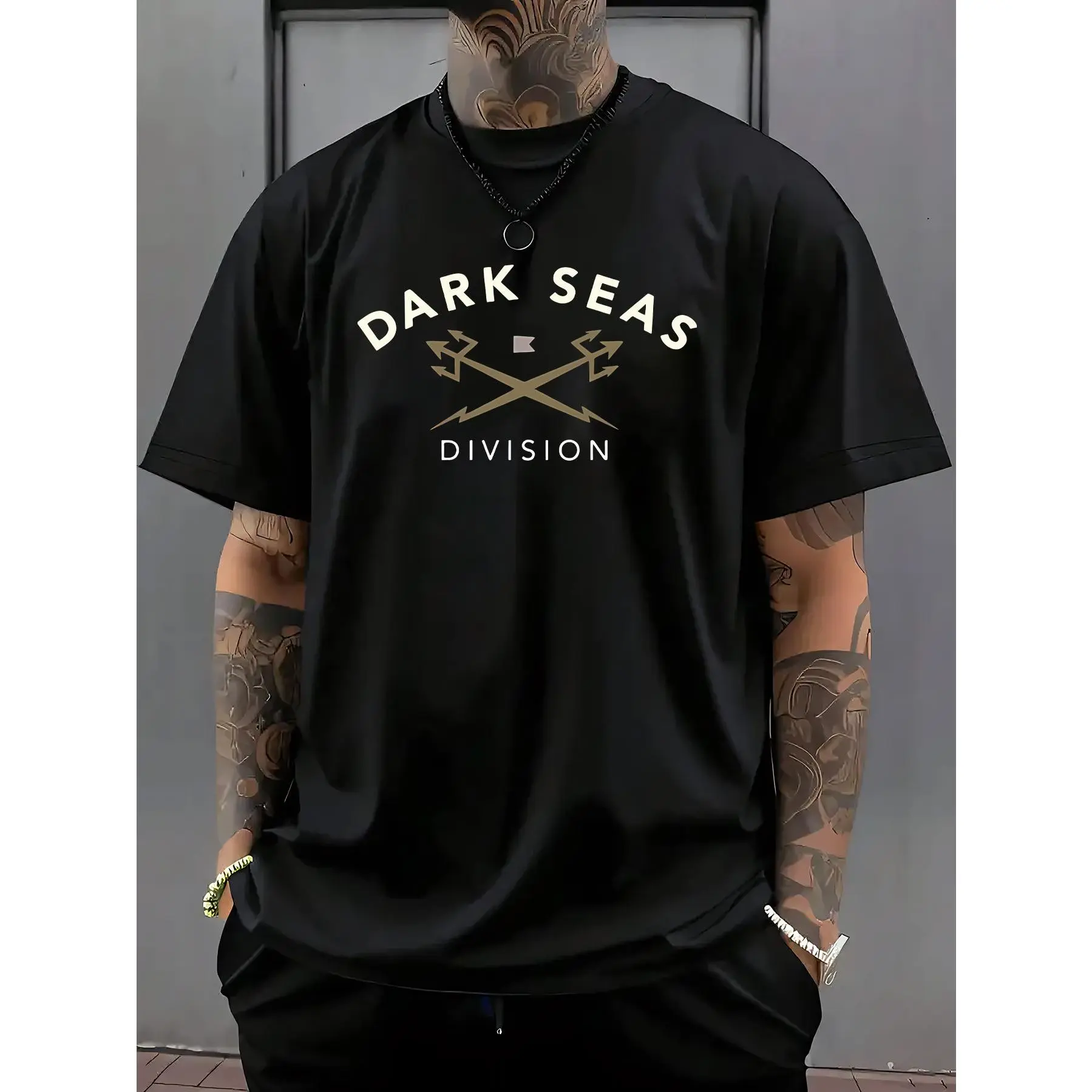Men'S Casual "Dark Seas Division" Graphic Tee - Short Sleeve, Round Neck, Light Gray, Summer T-Shirt with Nautical Design, Casual Summer Wear | Nautical Theme | Comfortable Fit, Nautical Clothing