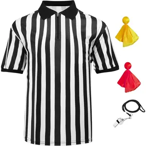 4 Pcs Men's Official Referee Costume Set Zipper Ref Shirt Stainless Whistle with Lanyard Red & Yellow Penalty Flag