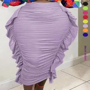 Women’s plain ruched ruffle trim bodycon skirt, casual fashion high-waisted midi skirt for daily outdoor wear, women’s bottoms for spring and fall, basic lilac womenswear