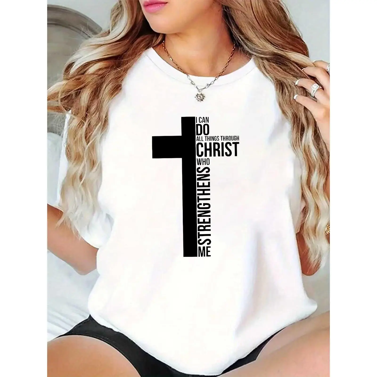 Women's White Christian Cross T-Shirt with "I Can Do All Things Through Christ" Quote, Casual Religious Wear for Church, Daily Life, Christian Women