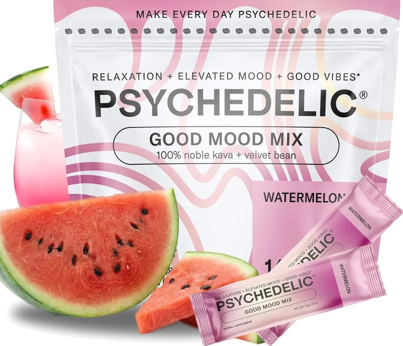 Good Mood Mix - Watermelon - Powder Packets - Calming Kava Drink Mix - Easy Open Single-Serving - Flavored Kava powder - Mucuna Pruriens - Stevia - Non Alcoholic Adaptogen Mocktails - 14 Stick