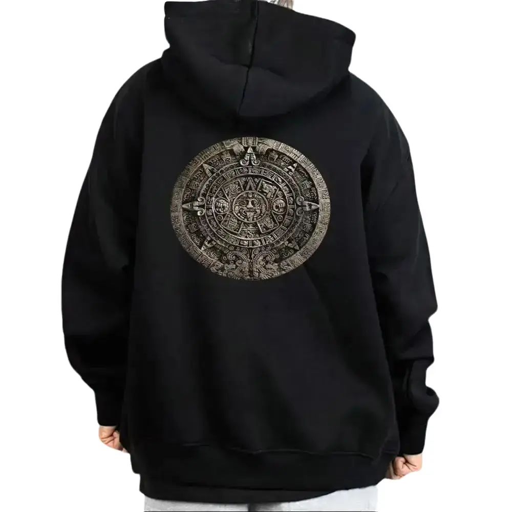 Men's Chicano Aztec Art Graphic Hoodie - Oversized Streetwear Pullover, Mexican Inspired Unisex Tops, Comfortable Fabric, Button-Accented Black Hoodie
