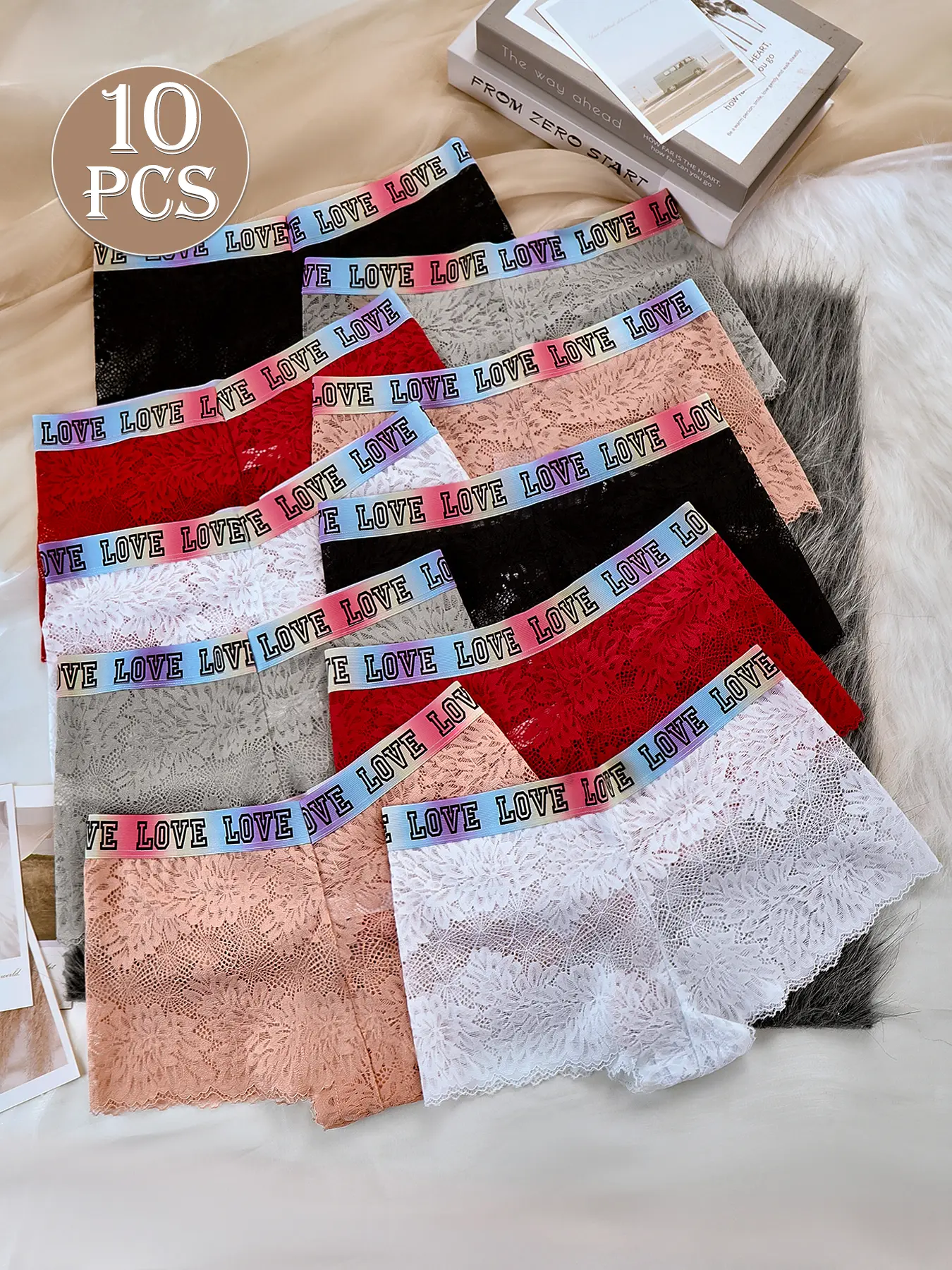 Lady's Breathable Elastic Underwear, 10-Piece Mixed Color Soft Panties with Lace Semi-Transparent Splicing, Colorful Elastic Waistband, Close-Fitting, Fashionable Casual, Size S-XL, Womenswear Print