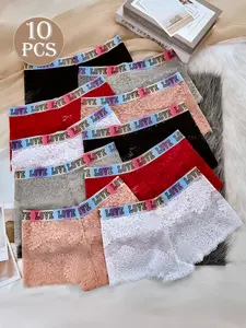 10 pieces of women's panties in mixed colors with lace semi-transparent splicing design and colorful elastic waistband design, breathable and comfortable, close-fitting, size S-XL, fashionable and casual. Womenswear Print