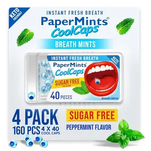 Papermints Coolcaps Liquid Burst Breath Mints. Dual-Action Technology for Instant Fresh Breath + Gut Odor Control – Peppermint Flavor, Sugar Free, 0 Calories, Pocket Size - 4 Pack of 40 pieces - 160 Total.