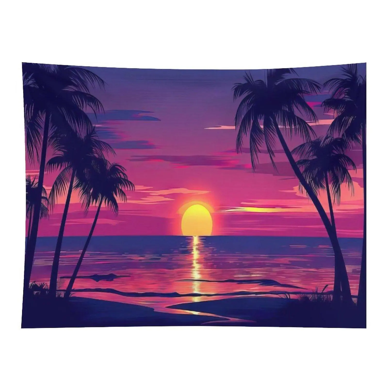 Retro Synthwave Palm Tree Beach Sunset Purple Pink Ocean Tropical Summer Cartoon Landscape Wall Tapestry For Coastal Teen Room Decor