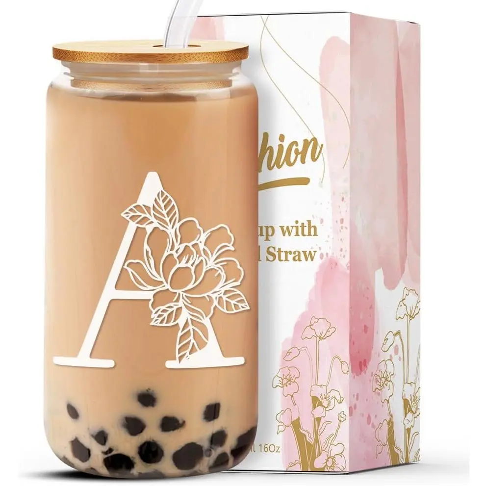 Personalized Glass Cup Women, Stylish 16 oz Glass Cups with Lids Straws,  for Iced Coffee, Smoothies, Christmas /Birthday Gifts for Teacher/Nurse/Mom/Sister/Aunt Letter A