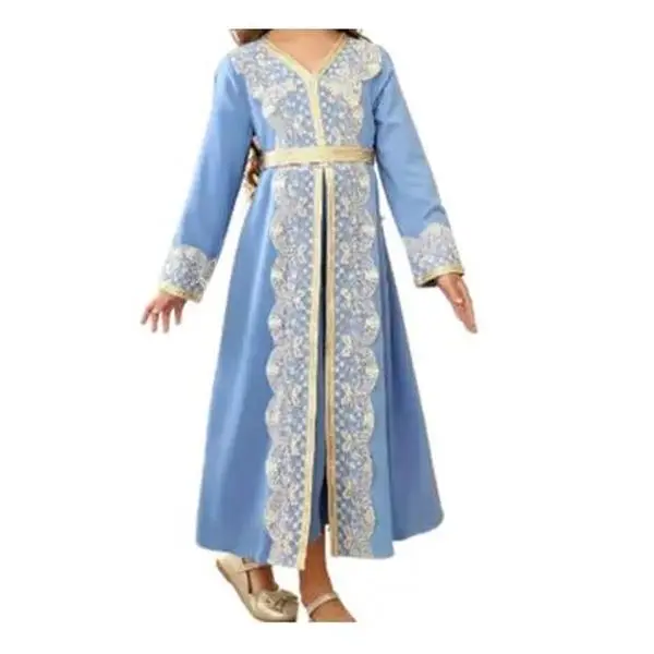 Girls' Ethnic Dubai Arab Abaya - V-Contrast Lace Embroidery & Shiny Golden Trim