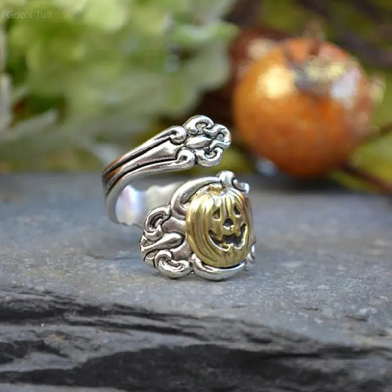 Gothic Adjustable Open Ring - 2-Tone Blackened Pumpkin, Distressed Spooky Design - Viral Halloween Costume Party Cosplay Fashion Jewelry Gift