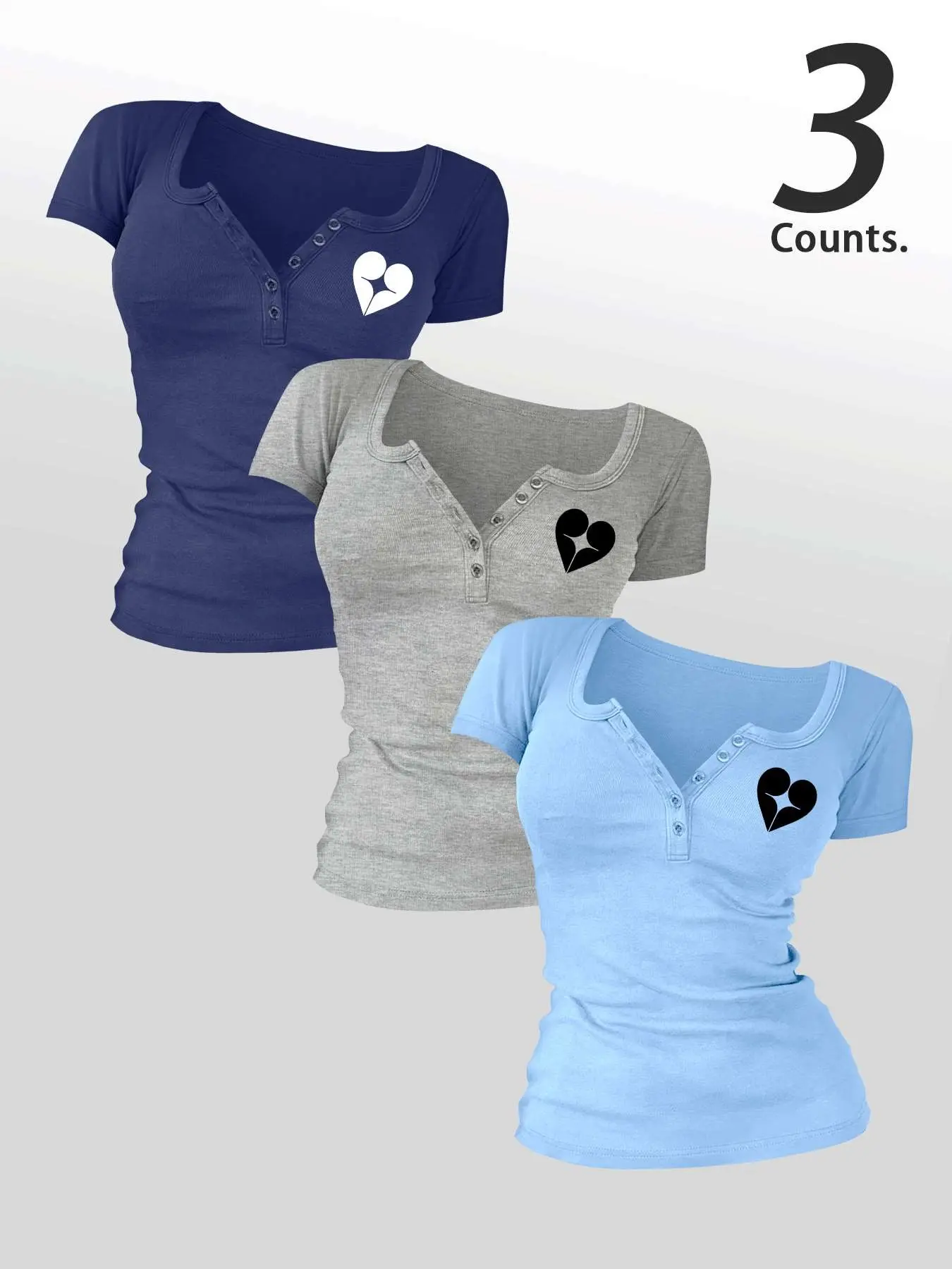 Hearts Printed Women's Buttons 3 Pieces V Neck Tee, Casual Women's Short-Sleeve T-shirt For Summer, Ladies Basic Clothes for Daily Wear, TikTok Trending T-shirt Women, Slim Fit, Casual Tee Shirts