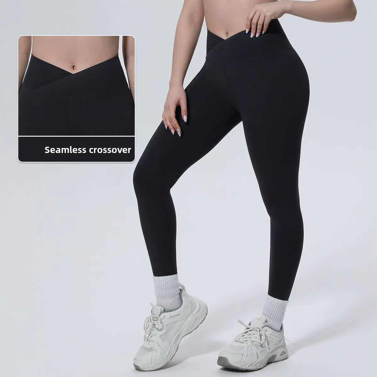 New solid color double-sided nylon seamless cross-waist tight yoga pants for sports, running, and fitness