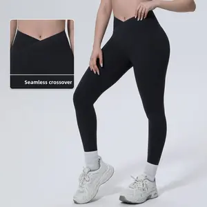 New solid color double-sided nylon seamless cross-waist tight yoga pants for sports, running, and fitness