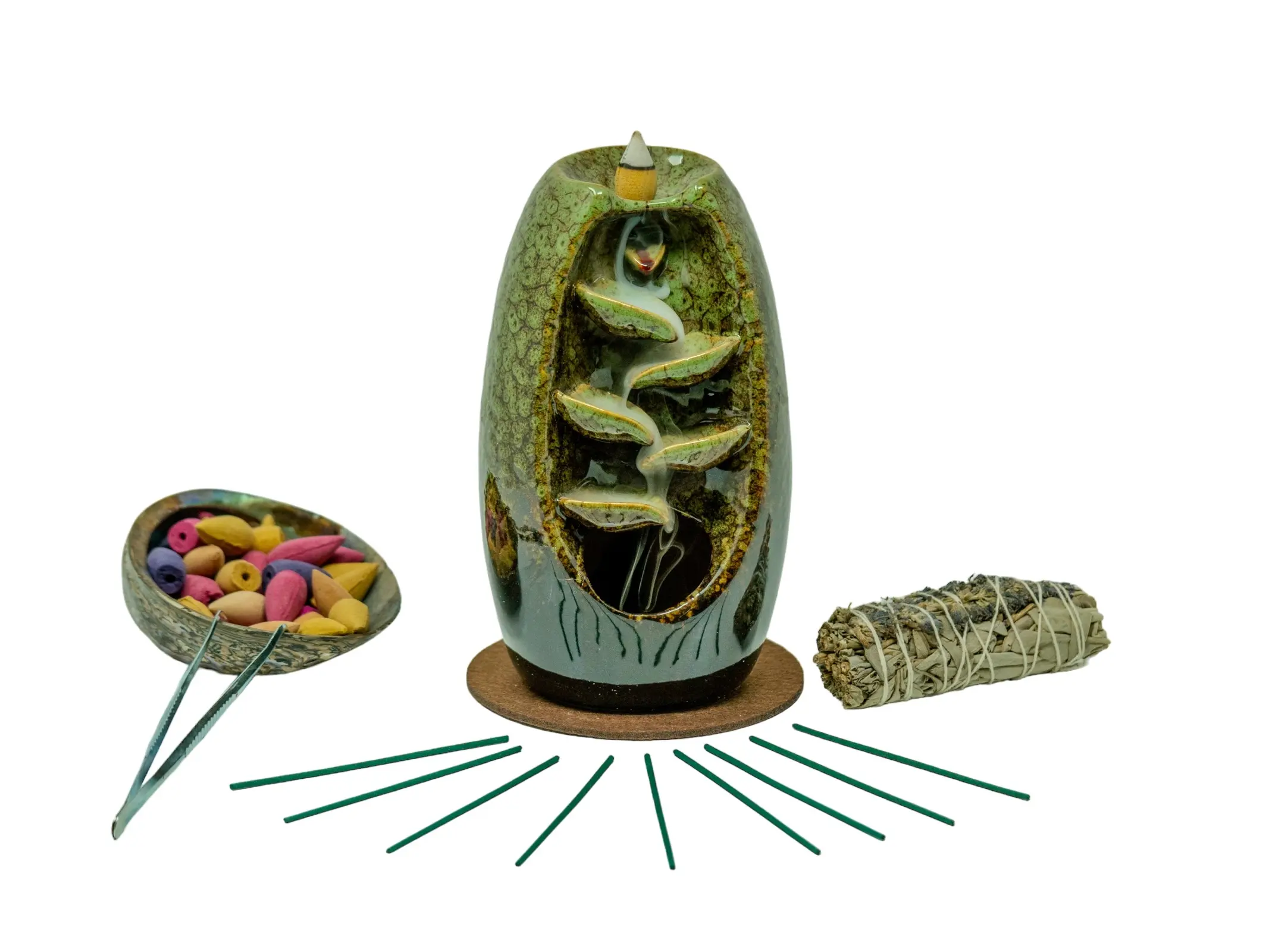 Olive Ceramic Backflow Incense Waterfall Burner with Mixed Incense Cones | Gift | Home Decor | Aromatherapy| FREE Organic Sage with Order Scented Fragrance Scent Freshener Perfume