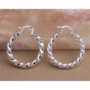 Womens 925 Sterling Silver 35mm Round Twisted Hoop Pierced Earrings #E355