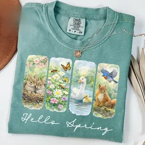 Comfort Colors Hello Spring T-Shirt, Watercolor Spring Animals Tee, Bunny Goose Bee Bird Nature TShirt, Cute Easter Spring T-Shirt