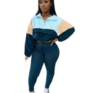 Contrast Color Suit Zipper Multicolor Hoodie Tights Set for Women Fashionable and Comfortable Two-Piece Outfit