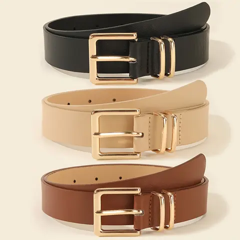 SHIFFRINKEN Female Adults' 3-Piece Adjustable Artificial Leather Belts Bundle - Classic Gold-Plated Alloy Square Frame Belt Buckle, Double Ring Waist-Slimming Double-Loop Sash, Heavy-Duty Soft Sticky-Free Accessory for Casual Wear, Jeans