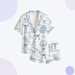 Women's Short Pajama Set - Seashell Print Sleepwear, Tropical Satin Matching Set – Beach Party Ready