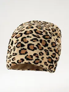Boho Leopard Print Knit Beanie Hat for Women, Casual Elegant Vintage Street Style, Warm Woolen Hooded Cap for Fall & Winter, Knitted Hat