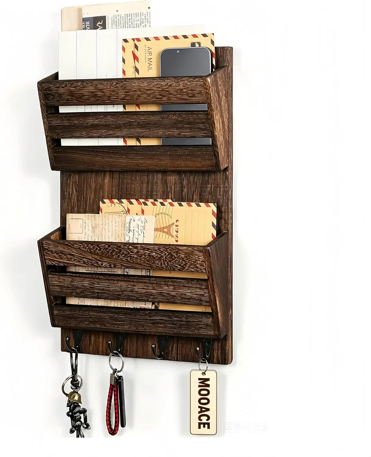 Mail Organizer Wall Mount with Key Hooks 2-Slot Wood Mail and Key Holder Wall File Organizer Office Letter Folder Organizer for Home Farmhouse Decor