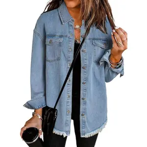 2025Women's Oversized Button Up Frayed Hem Shacket Long Sleeve Pockets Denim Jean Jacket