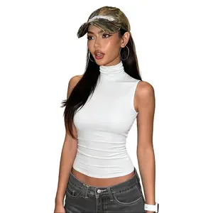 Women's 2026 Spring Summer New Turtleneck Sleeveless Open Back Ruched Crop Top with Smooth Stretchy Fabric Sexy Elegant Alluring Glamorous Slim-Fit Casual Party Top
