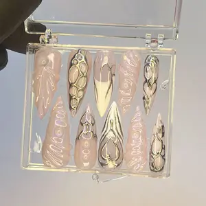 Free Style Silver 3D Gel Almond Press On Nails | Handpainted Fake Nails | Goth Gothic Y2K Aura Nails for Prom, Event, Birthday