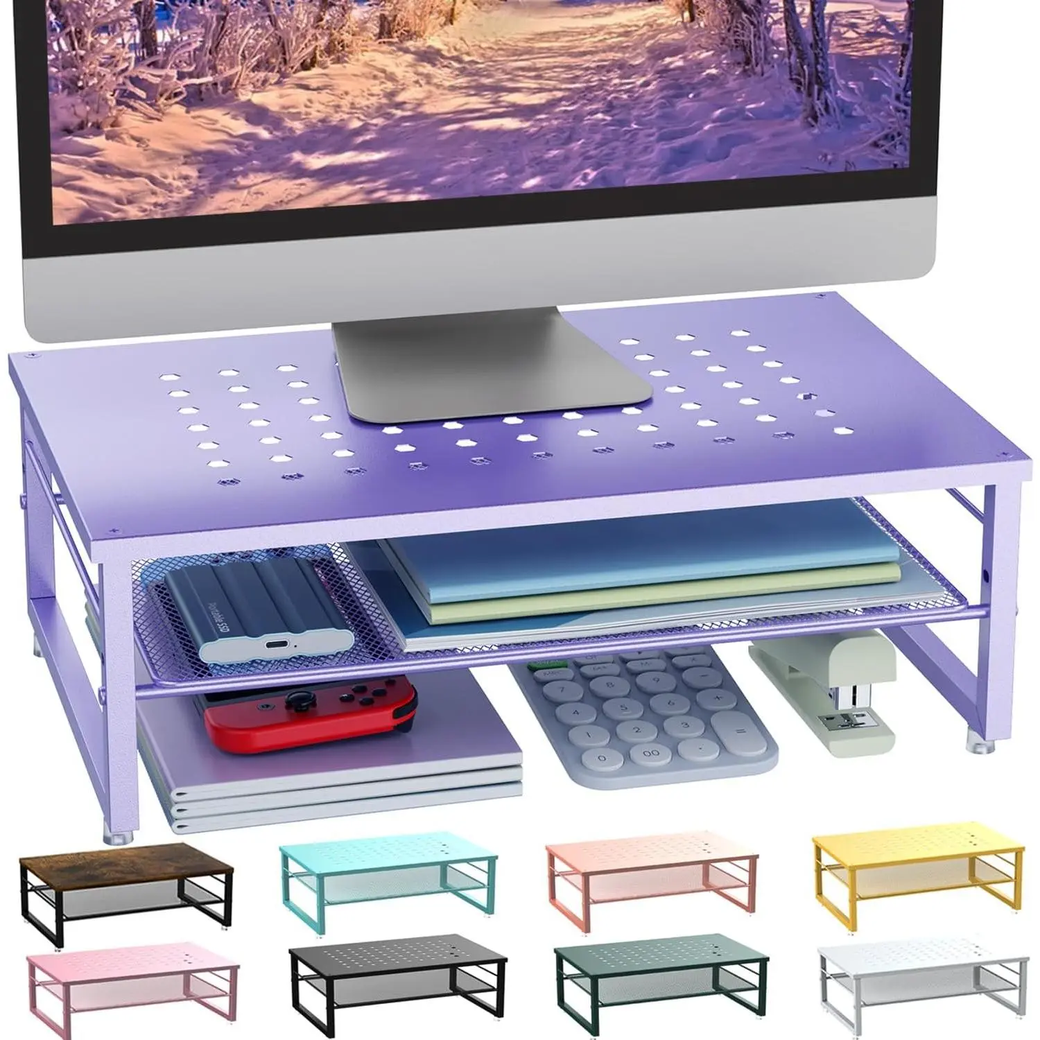 X-CPS26 2-Tier Metal Monitor Stand Riser - Ergonomic Laptop Holder, Monitor Shelf, Practical Desktop Organizer for Computer, Printer, Office Supplies (Purple), Ergonomic Laptop Stand, Practical Desktop Stand, Screen Stand