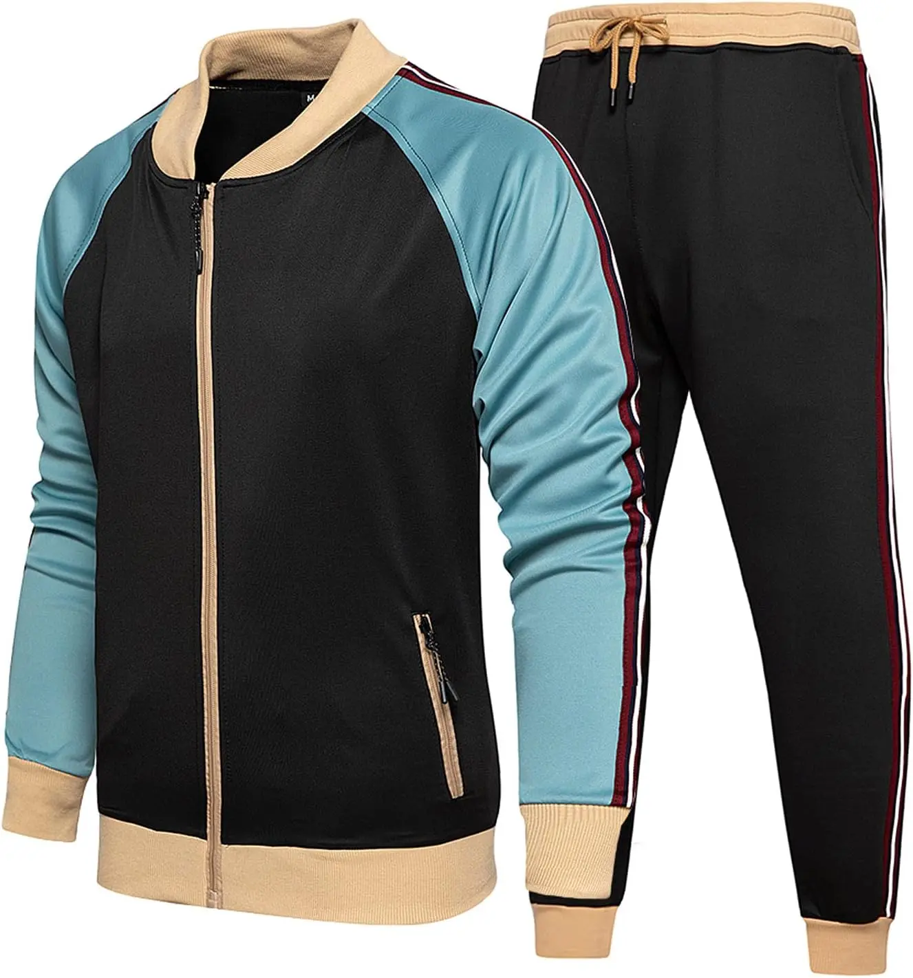 Mens Tracksuit 2 Piece Outfit Set Patchwork Sweatshirt Long Sleeve Top Blouse & Long Pants Sets Sweatsuit