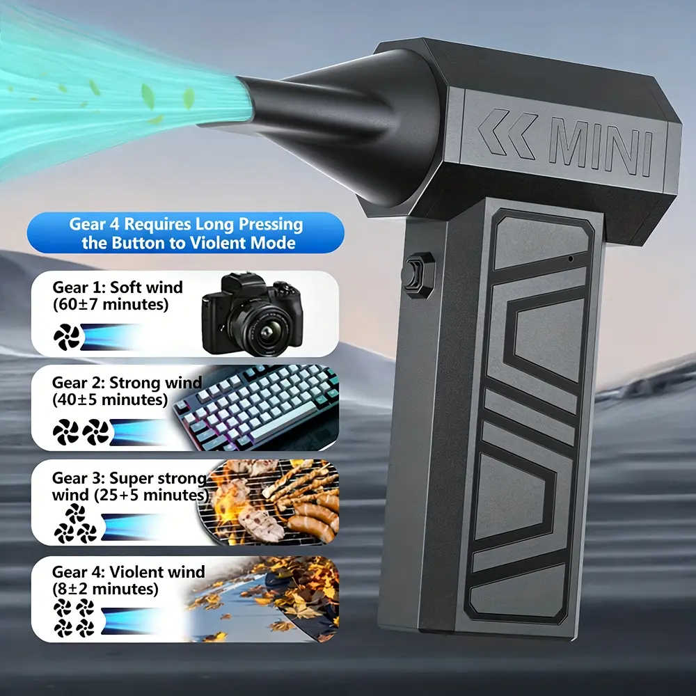 4-Speed Turbo Blow Jet Fan, Handheld Cordless Blower, Portable Blower, Battery Blower, 130000RPM, Electric Air Duster & Cleaning Tool, With 5 Outlet Nozzles, Type-C USB Rechargeable for Car, Home, Computer Keyboard, Outdoor Use
