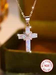 S925 Sterling Silver Colorful Cross Pendant Necklace, Elegant Artificial Gemstone Necklace for Women & Men, Fashion Jewelry Accessories for Daily Wear